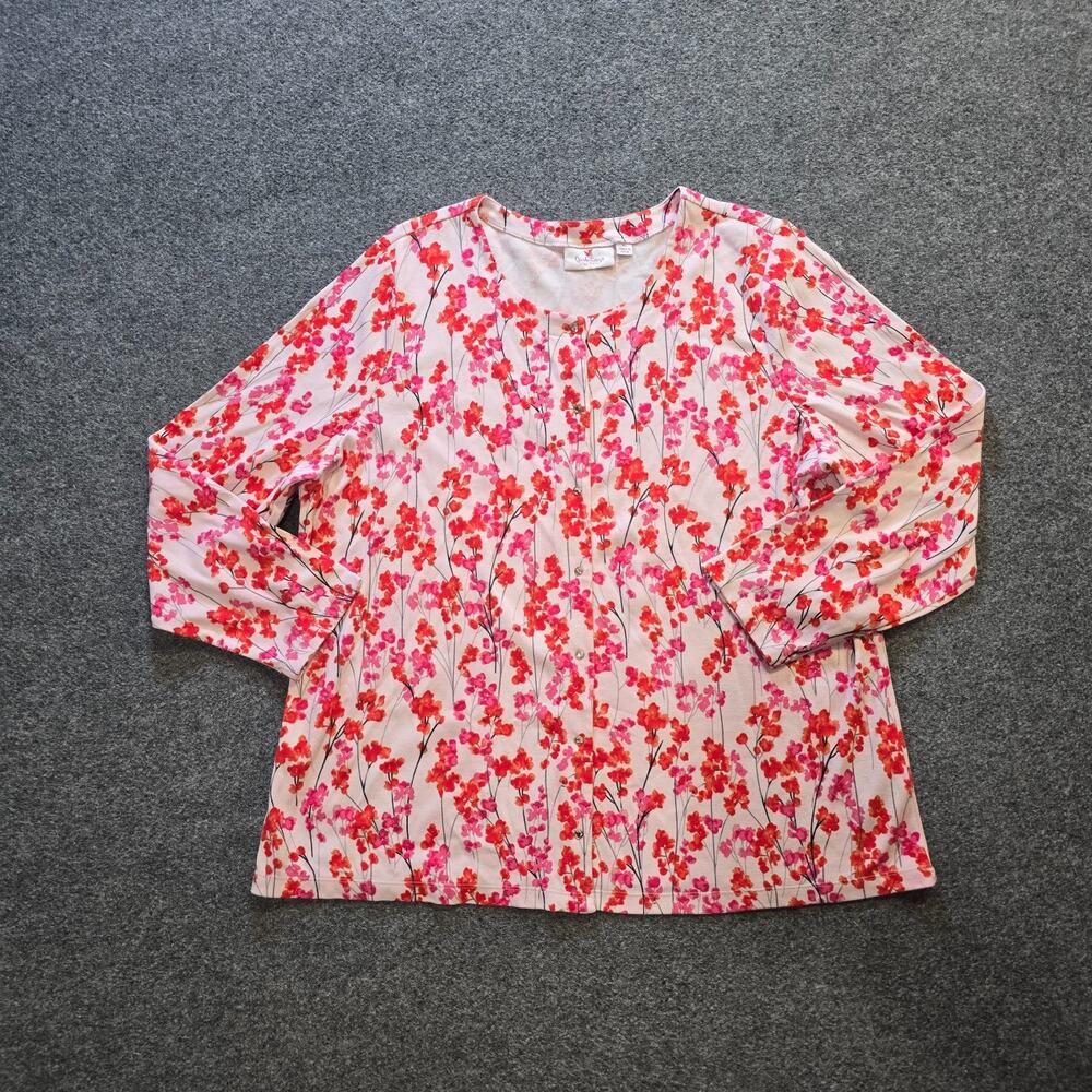 Quacker Factory Top Women Size XL Pink Floral Rhinestone Snap Button Soft Casual